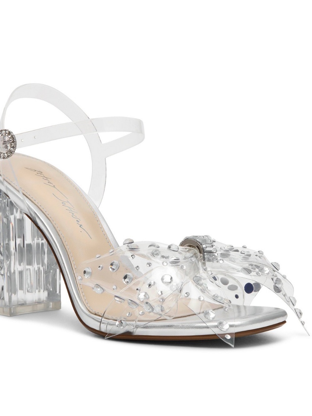 NIB Betsey Johnson Pratt Clear Crystal Bow Block Heel Sandal - Silver/Clear